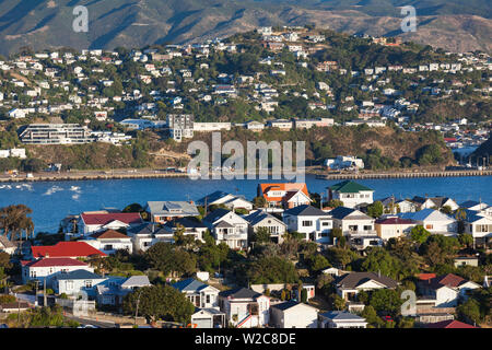 Nuova Zelanda, Isola del nord, Wellington, vista in elevazione dei sobborghi da Mt. Victoria Foto Stock