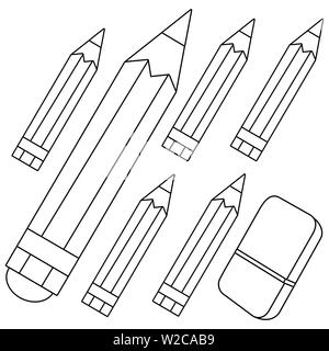 Set di matite colorate e gomma su sfondo bianco. Raccolta di elementi da disegno e scrittura. Pastelli colorati per bambini, scuola e asilo. Foto Stock