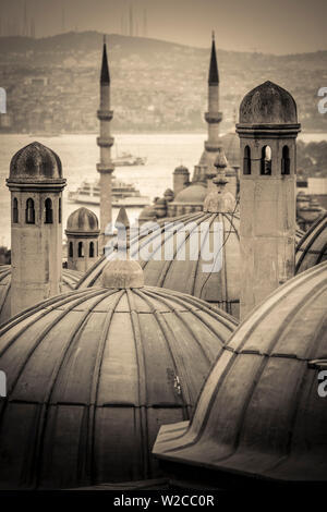 Turchia, Istanbul, Sultanahmet , delle cupole della Moschea Suleymaniye (di Suleymaniye Camii) complesso con nuova moschea (Yeni Camii) al di là di Foto Stock