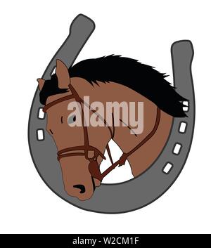 Testa di cavallo in ferro di cavallo, logo design - vettore Illustrazione Vettoriale