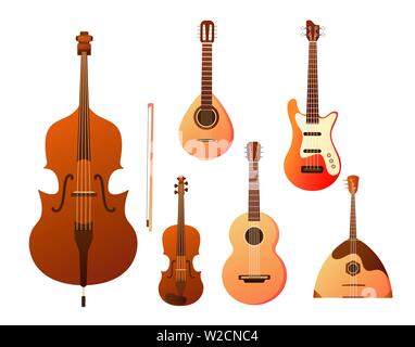 Set di strumenti musicali a corda. Raccolta di balalaika, arpa, contrabbasso, violino, chitarra. Il layout di progettazione per banner presentazioni, volantini Illustrazione Vettoriale