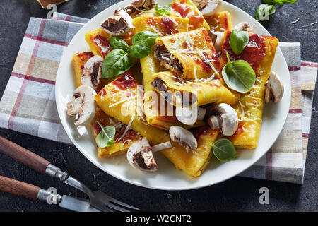 Rotoli di crepes con funghi e parmigiano ripieno su una piastra bianca su una tabella di calcestruzzo con salsa di pomodoro, close-up Foto Stock