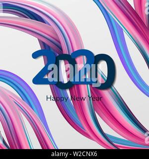 2020 felice anno nuovo sfondo. Multi-colore pennello acrilico. Sfondo di liquido con forme d'onda in arcobaleno colore. Astrazione per la progettazione. Vettore Illustrazione Vettoriale
