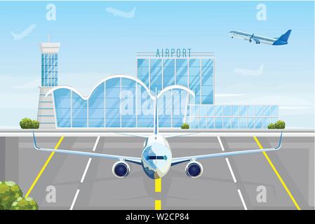 In aereo all'aeroporto vettore stile piatto. Vista frontale piano accanto all'aeroporto di facciata. Concetto di viaggio modello pubblicizzare banner Illustrazione Vettoriale