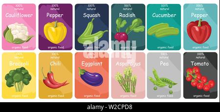Verdure vettore di etichette di tipo piatto. Cavolfiori, peperoni, pomodori ciliegia insieme Illustrazione Vettoriale