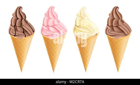 Coni gelato vettore set realistico. Il cioccolato fondente, vaniglia e sapori di fragola. Roteato liscia di farcitura cremosa Illustrazione Vettoriale