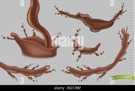 Cioccolato set splash vettore raccolta realistiche. Cioccolata calda pourring. Cioccolato fondente onde isolate su trasparente. Modello di illustrazione dettagliata Illustrazione Vettoriale