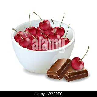 Ciotola di ciliegia e cioccolato realistica del vettore isolato su bianco Illustrazione Vettoriale