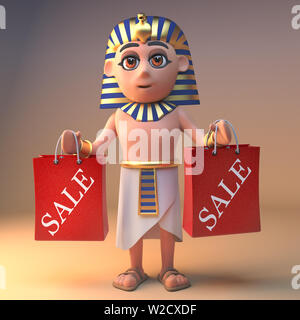 Bargain hunter faraone Tutankhamon holding alcuni vendita shopping bags, 3D render illustrazione Foto Stock