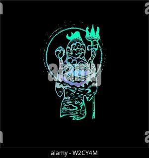 Illustrazione a colori di shiva con doppia esposizione. Montagne, sky, alo, dio. Illustrazione Vettoriale