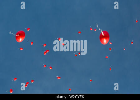 Molti a forma di cuore palloncini rossi battenti nel profondo blu del cielo, alla luce del sole Foto Stock