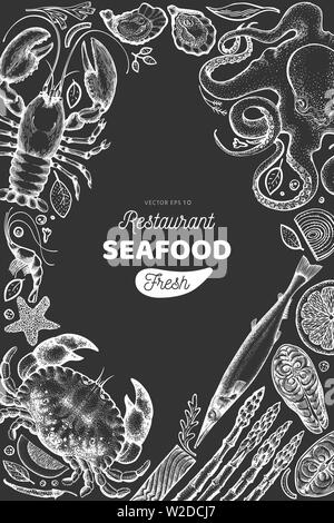 Pesce e frutti di mare modello di progettazione. Disegnata a mano illustrazione vettoriale su chalk board. Può essere utilizzata per la Progettazione menu, imballaggio, ricette, etichetta, mercato del pesce, Illustrazione Vettoriale