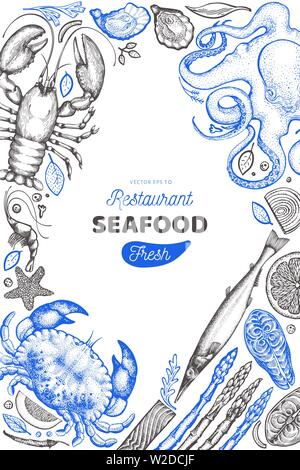 Pesce e frutti di mare modello di progettazione. Disegnata a mano illustrazione vettoriale. Può essere utilizzata per la Progettazione menu, imballaggio, ricette, etichetta, mercato del pesce e dei prodotti a base di pesce Illustrazione Vettoriale