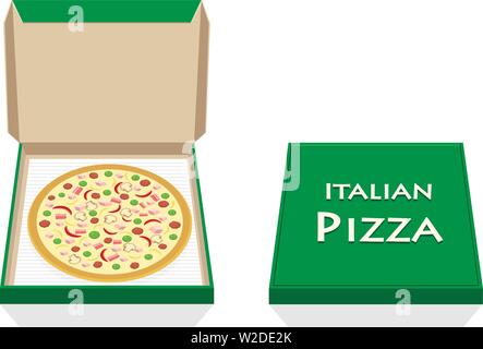 La Pizza in aperta e chiusa sulla scatola bianca, arte vettoriale Illustrazione Vettoriale