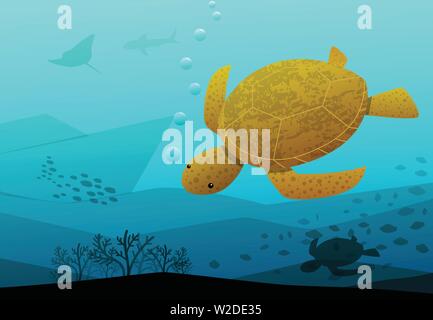 Sea Turtle nuotare nel mare blu profondo, vector art design Illustrazione Vettoriale