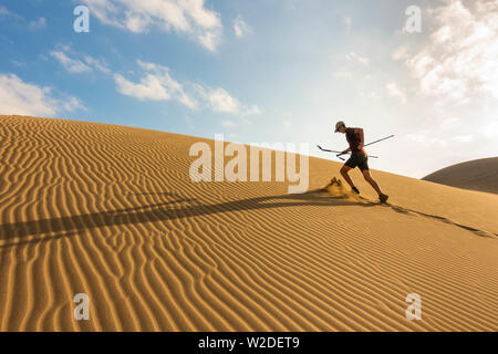 62 enne trail runner il training su vaste dune di sabbia a Maspalomas a Gran Canaria a sunrise. Foto Stock