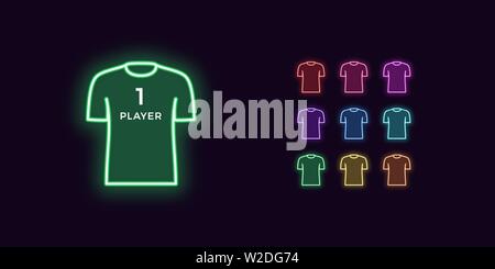Il neon T-shirt icona, Player o Gamer. Impostare, incandescente Sport shirt in neon stile con retroilluminazione trasparente. Silhouette di vettore, rosso porpora rosa blu violetto Illustrazione Vettoriale