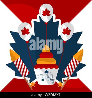 Canada giorno Foglia di acero con una tortina e una coppia di fuochi d' artificio Razzi - Vettore Illustrazione Vettoriale