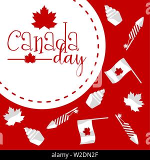 Canada giorno etichetta su uno sfondo rosso con diverse sagome di oggetti vettore - Illustrazione Vettoriale