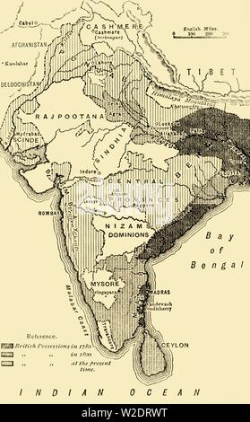 'Map di India, mostrando il British possedimenti nel 1780,1800 e al tempo presente", 1890. Creatore: sconosciuto. Foto Stock