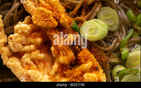 Close-up di un giapponese a base di noodle soup con soba, tempura, le cipolline e i fagiolini verdi, spolverate con peperoncino, gustoso Foto Stock