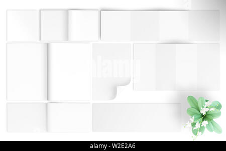 Stampa elementi vuoti vista superiore 3d rendering a sfondo bianco mockup isolato Foto Stock