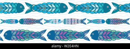 Disegnata a mano di righe multicolor fish in arte popolare stile design di confine. Vettore di Seamless pattern su sfondo bianco con doodle onde. Ottimo per la spiaggia Illustrazione Vettoriale