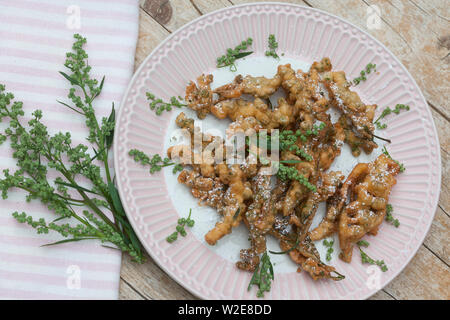 Gänsefuß-Küchle, Gänsefussküchle, Gänsefuss-Küchle, Gänsefuss-Pfannkuchen, Blüten und Blätter vom Weißen Gänsefuß werden in Pfannkuchenteig, Teig geta Foto Stock