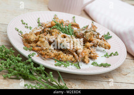 Gänsefuß-Küchle, Gänsefussküchle, Gänsefuss-Küchle, Gänsefuss-Pfannkuchen, Blüten und Blätter vom Weißen Gänsefuß werden in Pfannkuchenteig, Teig geta Foto Stock