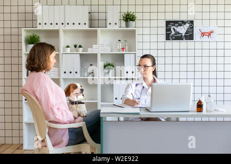 Il veterinario e il client con il cane per discutere il trattamento in una clinica veterinaria. Foto Stock