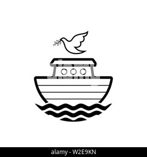 Logo dell'Arca di Noè. Colomba con un ramo di olivo. Nave per il soccorso di animali e persone dal diluvio. Racconto biblico. Illustrazione Vettoriale