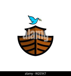 Logo dell'Arca di Noè. Colomba con un ramo di olivo. Nave per il soccorso di animali e persone dal diluvio. Racconto biblico. Illustrazione Vettoriale
