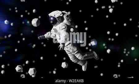 Astronauta battenti tra oggetti geometrici (spazio 3d'illustrazione) Foto Stock