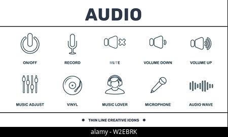 Icone dei pulsanti audio Imposta collezione. Include elementi creativi come le icone premium di registrazione, esclusione microfono, riduzione volume, aumento volume, vinile e amante della musica Illustrazione Vettoriale