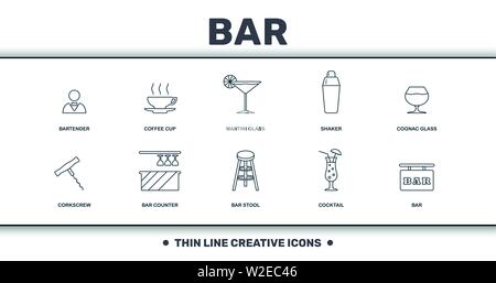 Collezione di icone del bar e del ristorante. Include elementi creativi come barista, tazza da caffè, bicchiere Martini, agitatore, bicchiere Cognac, bancone bar Illustrazione Vettoriale