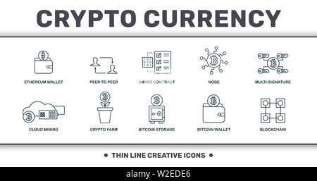 Crypto Currency Icons raccolta di set di linee sottili. Include elementi creativi come portafoglio etereo, peer-to-peer, contratto intelligente, nodo, multi Foto Stock