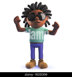 Immagine di rendering di un Africano nero dreadlocked cartoon personaggio maschile in 3d con le braccia in aria Foto Stock