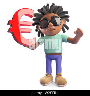 Giovane nero rasta man tenendo un simbolo valuta euro, 3D render illustrazione Foto Stock