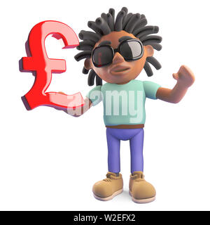 Giovane nero rasta uomo con dreadlocks holding UK il simbolo di valuta, 3D render illustrazione Foto Stock