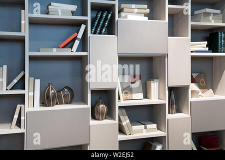 Biblioteca Moderna armadio con ripiani aperti e tratti ricoperti in folle biancastro lungo la parete di una stanza per i libri e la visualizzazione di ornamenti Foto Stock