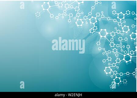 Moderno e futuristico background scientifico di disegno esagonale. Virtuale sfondo astratto con particelle, molecola struttura per medical Illustrazione Vettoriale