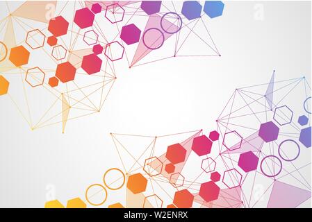 Moderno e futuristico background scientifico di disegno esagonale. Virtuale sfondo astratto con particelle, molecola struttura per medical Illustrazione Vettoriale