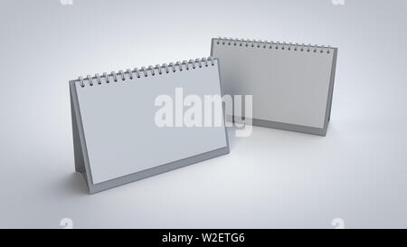 3D rendering, bianco blank desk calendario a spirale per il branding aziendale presentazione mockup, isolato su bianco con le ombre morbide vista ravvicinata. Foto Stock