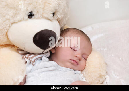 Tranquillo sonno neonato con il gigante fluffy Teddy bear Foto Stock