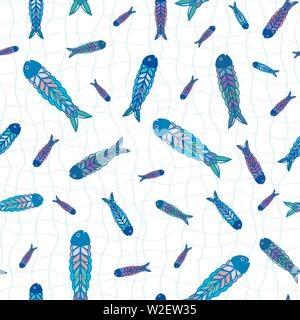 Disegnato a mano i pesci multicolore in arte popolare stile design. Vettore di Seamless pattern su sfondo bianco con blue doodle netting. Ottimo per la spiaggia, il cibo Illustrazione Vettoriale