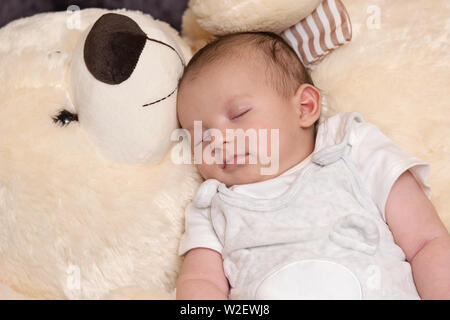 Tranquillo sonno neonato con il gigante fluffy Teddy bear Foto Stock