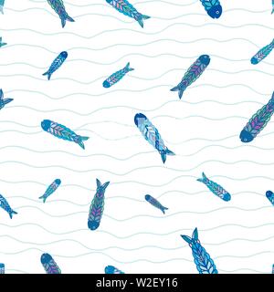 Disegnato a mano i pesci multicolore in arte popolare stile design. Vettore di Seamless pattern su sfondo bianco con blue doodle onde. Ottimo per la spiaggia, il cibo Illustrazione Vettoriale