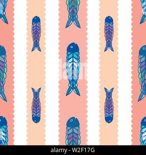 Disegnato a mano i pesci multicolore in forma geometrica folk stile d'arte. Vettore di Seamless pattern su sfondo bianco con festone strisce di corallo. Ottimo per la spiaggia Illustrazione Vettoriale