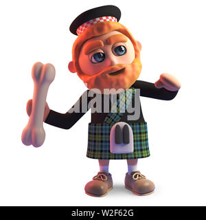 Cartoon uomo scozzese in kilt getta un osso, 3D render illustrazione Foto Stock