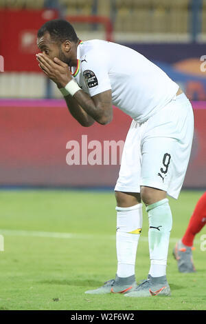 Ismailia, Egitto. 08 Luglio, 2019. Il Ghana·s Jordan Ayew reagisce durante il 2019 Africa Coppa delle Nazioni round di 16 partita di calcio tra il Ghana e la Tunisia a Ismailia Stadium. Credito: Gehad Hamdy/dpa/Alamy Live News Foto Stock